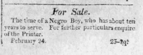 1815 ad from Lancaster County to sell an enslaved boy.